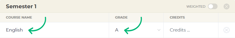 Add Course Name and Your Letter Grade